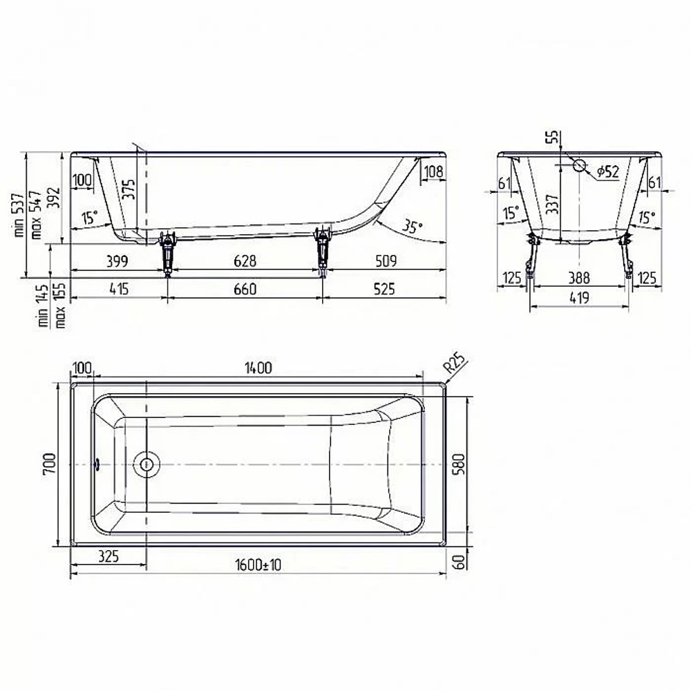 Ванна чугунная Delice Parallel Comfort DLR220504RB-AS 160х70 белая с черными матовыми ручками