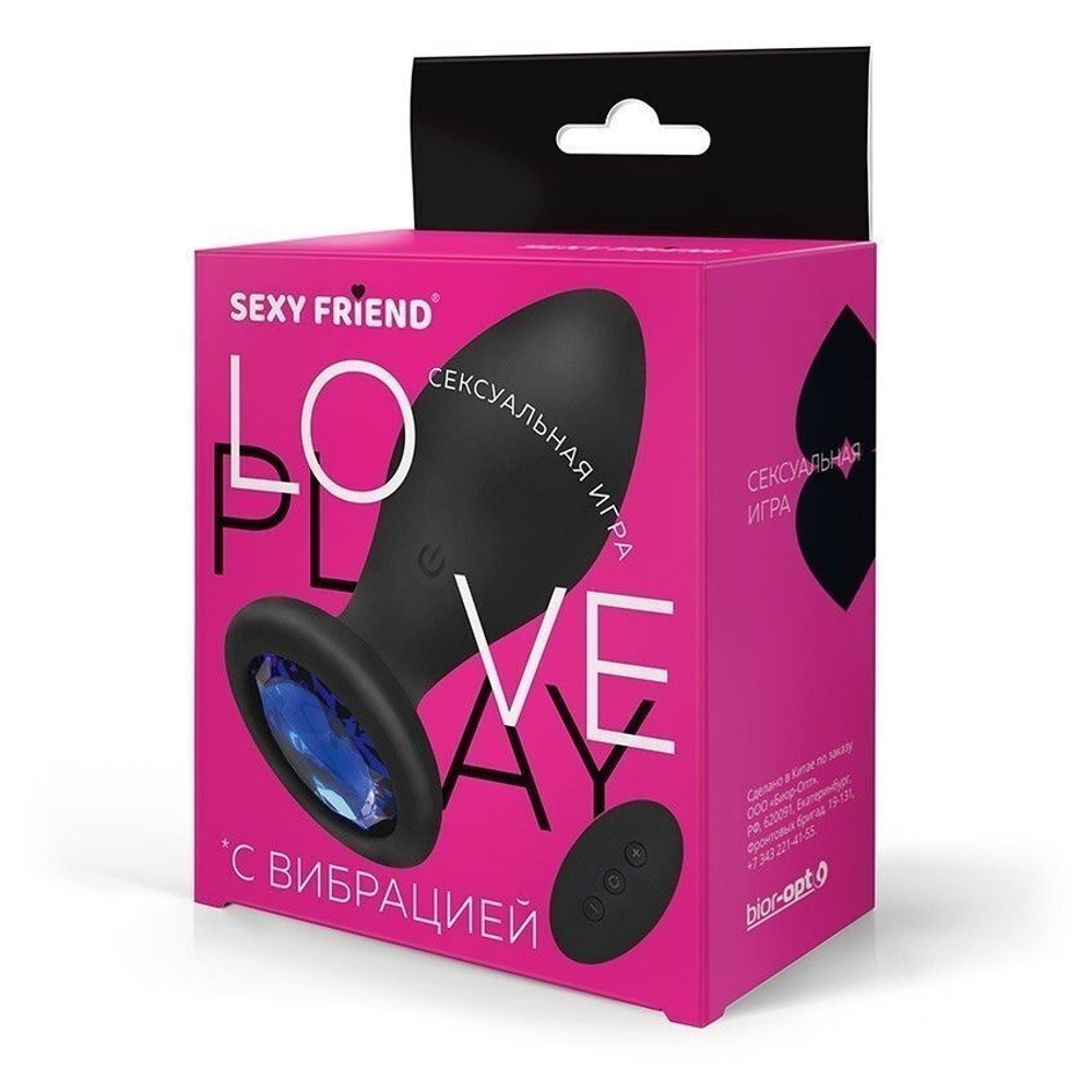 Черная вибровтулка с синим кристаллом и пультом ДУ - 9 см. (Цвет: синий)