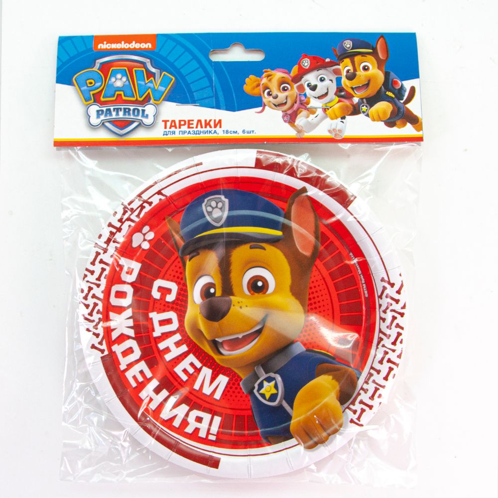 Тарелки (7''/18 см) Щенячий Патруль, С Днем Рождения!, Красный, 6 шт.