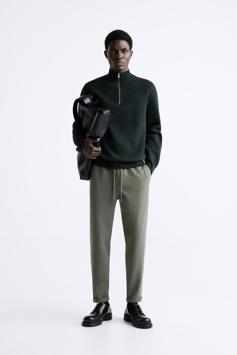 ZARA БРЮКИ EASY CARE С ПОЯСОМ НА ШНУРКЕ, ЗЕЛЕНЫЙ