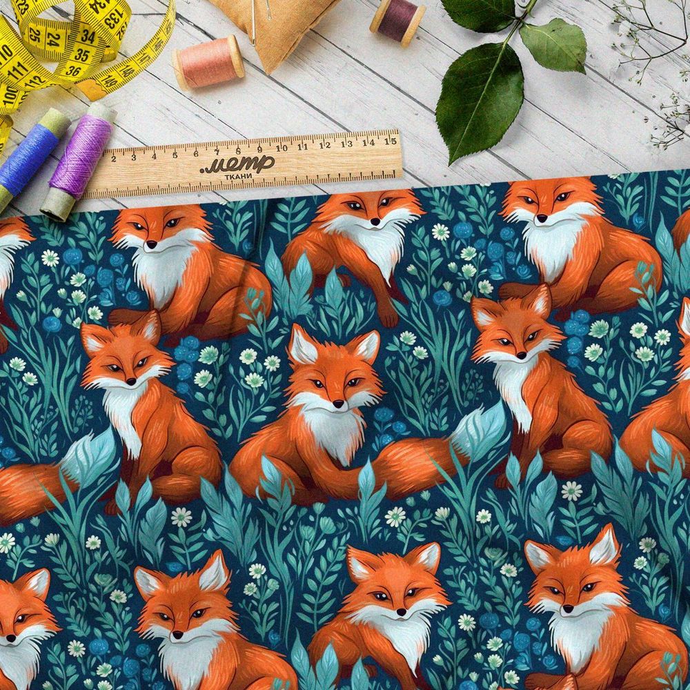 Ткань премиум шифон лисята на сероголубом