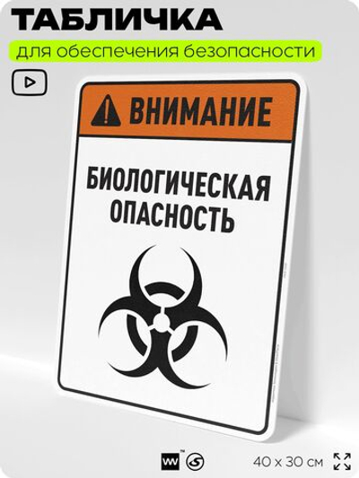 Табличка для обеспечения безопасности "Внимание биологическая опасность", для производства, предприятия, организаций, 40х30 см, Silver Plane x Айдентика Технолоджи