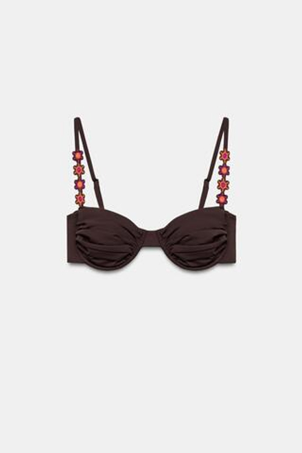 ZARA ТОП-БИКИНИ С ЦВЕТАМИ НА КОСТОЧКАМИ, КОРИЧНЕВЫЙ