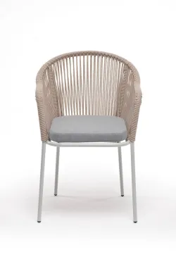 "Лион" стул плетеный из роупа, каркас из стали светло-серый (RAL7035) муар, роуп бежевый круглый, ткань светло-серая