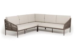 "Канны" диван модульный плетеный из роупа, каркас алюминий коричневый (RAL8016) муар, роуп коричневый круглый, ткань бежевая 035