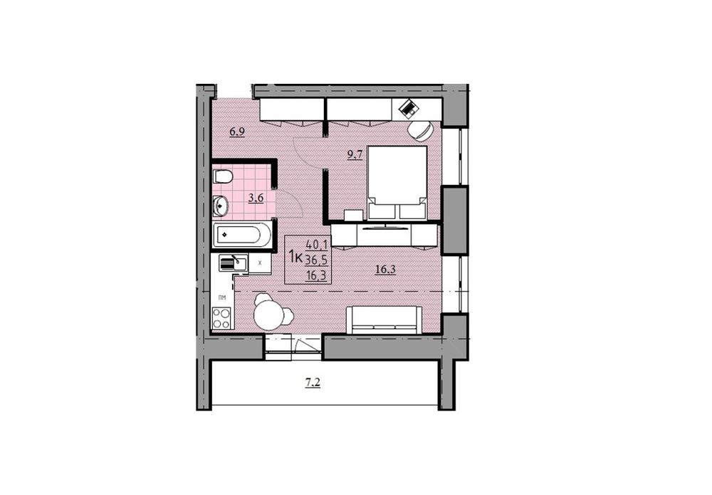 1-комнатная квартира, 36,5 м² / Чистовая отделка