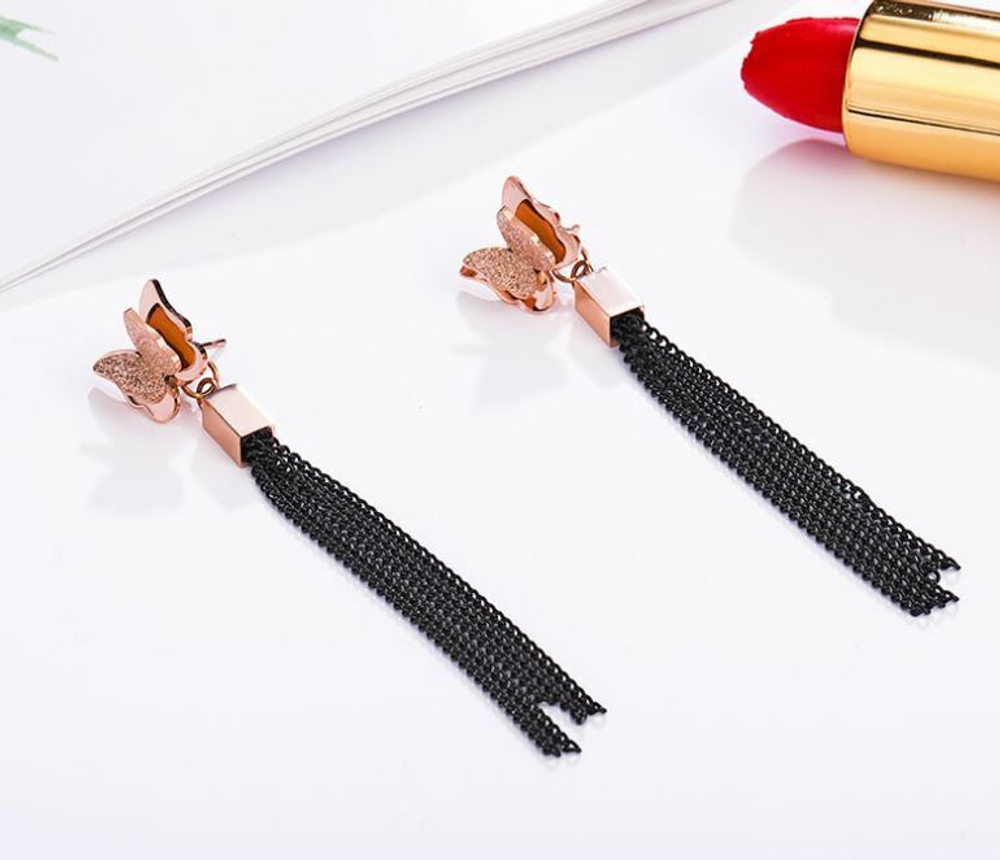 15%SALE! Длинные серьги - цепочки из ювелирной стали, Бабочки, 2 в 1, 1 пара.