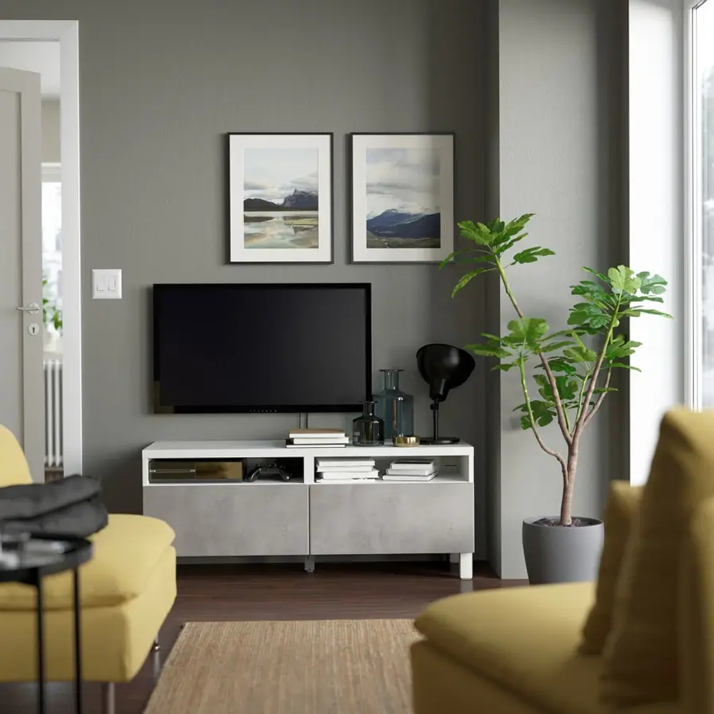 Тумба под ТВ с ящиками - IKEA BESTÅ/BESTA/БЕСТО ИКЕА, 42х48х120 см, белый/серый