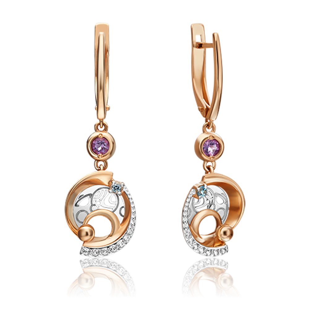 Серьги «Парад планет» с английским замком из комбинированного золота с миксом камней