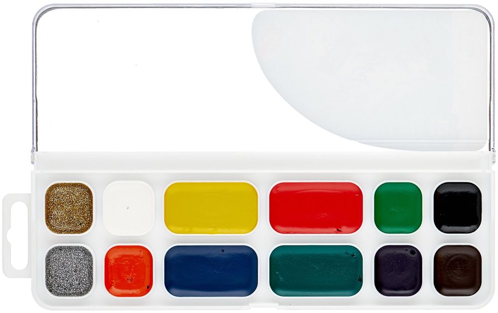 Краски акварельные ЛУЧ "Престиж", 12 цветов (10 цветов + 1 золотой + 1 серебряный), медовые, без кисти, пластиковая коробка, 18С1231-08