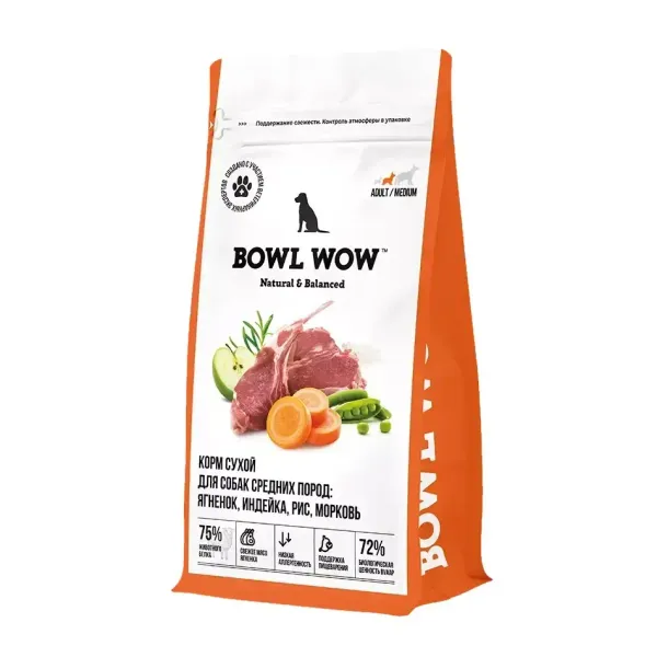 Уценка! Пвр. упак. / Сухой корм BOWL WOW для взрослых собак средних пород с ягненком, индейкой, рисом и добавлением моркови
