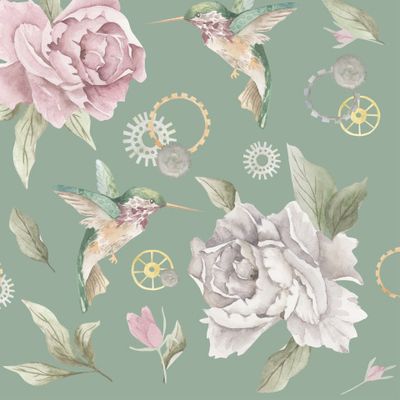 Пионы+колибри+шестеренки зеленый фон