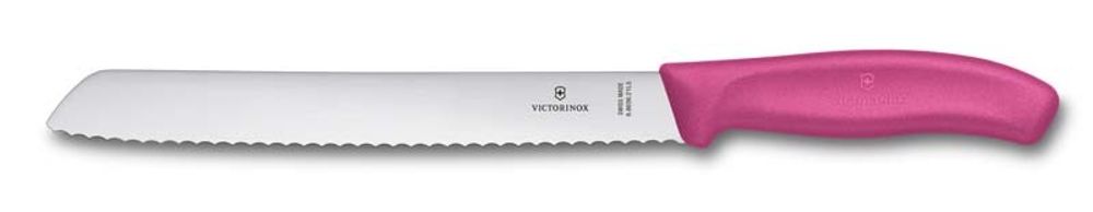 Фото нож для хлеба VICTORINOX SwissClassic лезвие из нержавеющей стали 21 см с волнистой кромкой розовая пластиковая рукоять в картонном блистере с гарантией