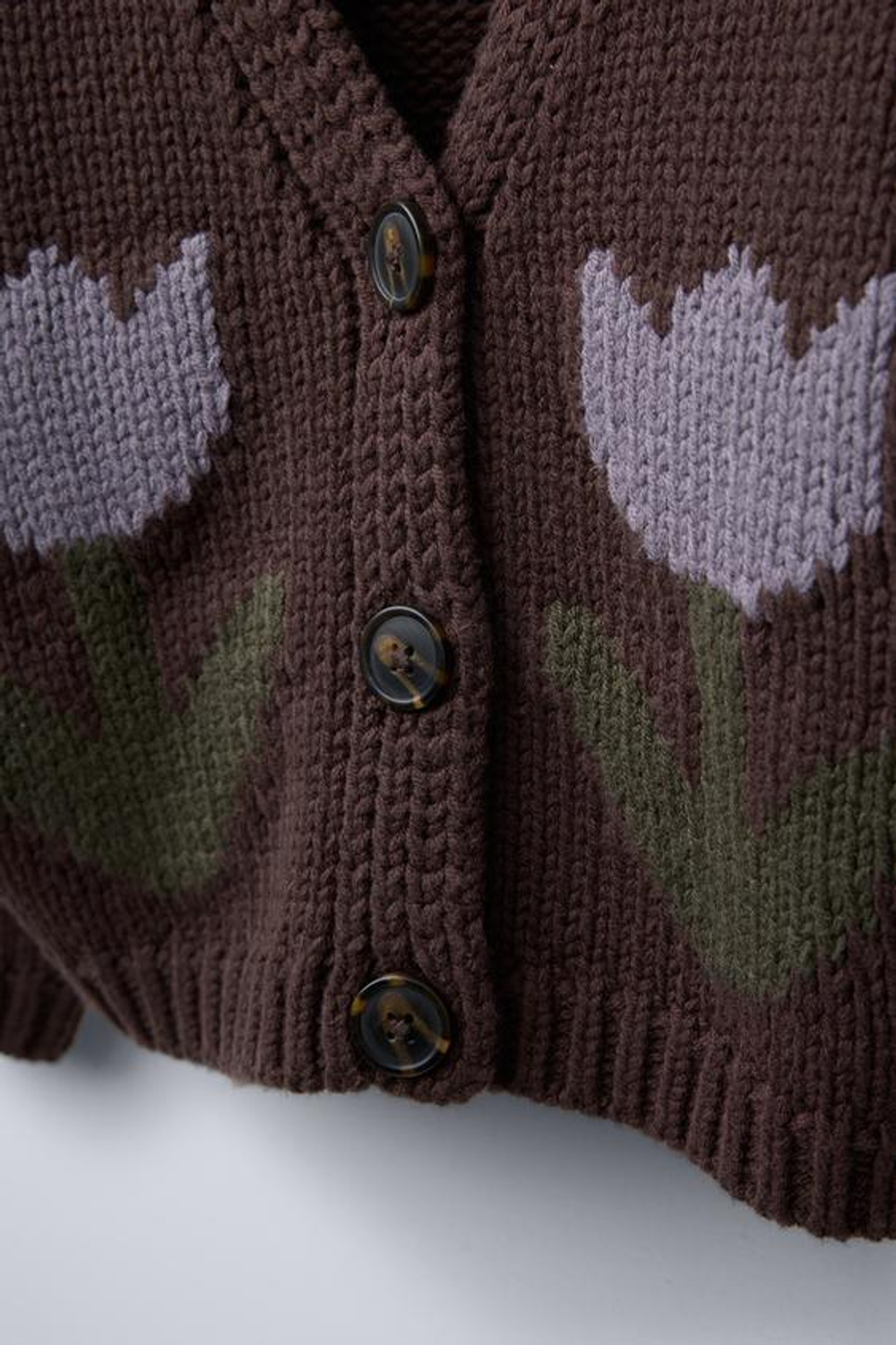 ZARA КАРДИГАН ИЗ ТРИКОТАЖА С УЗОРОМ «ТЮЛЬПАНЫ», ШОКОЛАДНЫЙ