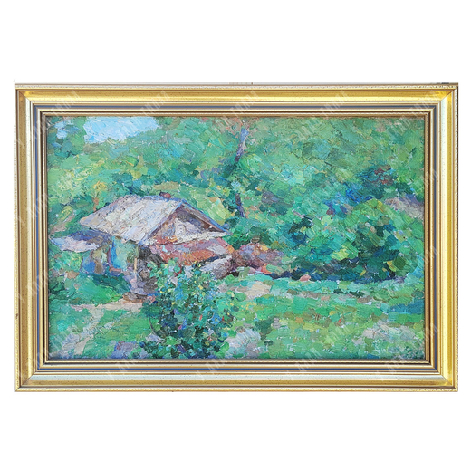 Динес Ю. С. Дом, утопающий в зелени (Зеленый пейзаж). Саратов. Холст, масло. 1947 г.