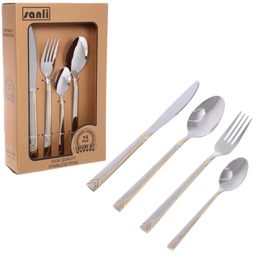 Набор столовых приборов «SANLI» 16шт (4ножа, 4вилки, 4ст.ложки, 4ч.ложки), цвет серебро с золотом