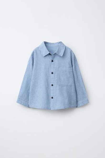 ZARA РУБАШКА В ПОЛОСКУ ИЗ ХЛОПКА И ЛЬНА, СИНИЙ