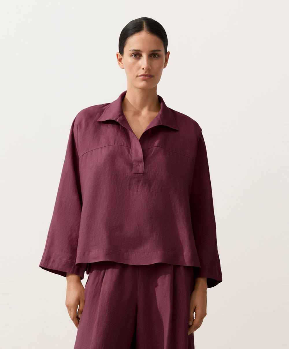 Oysho Рубашка-поло оверсайз с длинными рукавами из 100%-го льна, бордо
