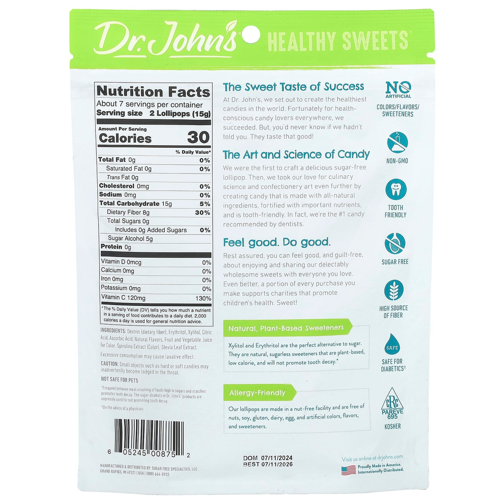 Dr. John's Healthy Sweets, Леденцы на палочке, + клетчатка и витамин C, голубая малина, виноград и вишня, без сахара, 105 г (3,7 унции)