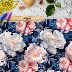 Ткань премиум шелк искусственный Армани цветущие пионы на темном