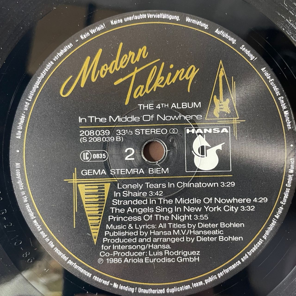 Винтажная виниловая пластинка LP Modern Talking, In The Middle Of Nowhere, The 4th Album (Германия 1986) Riding On A White Swan