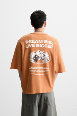 ZARA ТРИКОТАЖНАЯ ФУТБОЛКА С ПРИНТОМ, ОРАНЖЕВЫЙ