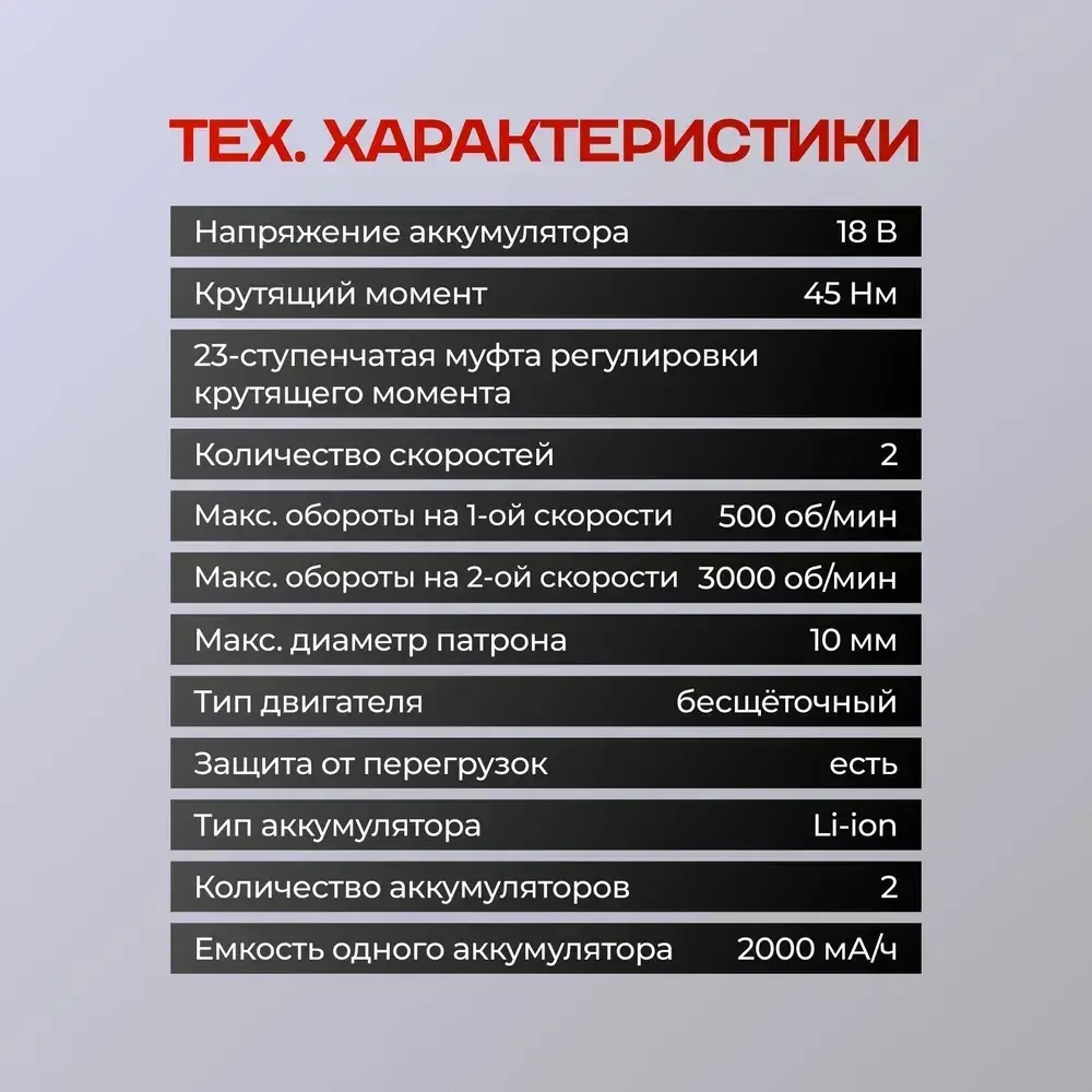 Шуруповерт дрель аккумуляторный бесщеточный 18 В несъемный патрон