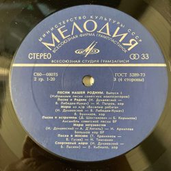 Винтажная виниловая пластинка LP Сборник Песни Нашей Родины (Выпуск 1) (СССР 1978) (Богатиков, Трошин, Синявская и др)