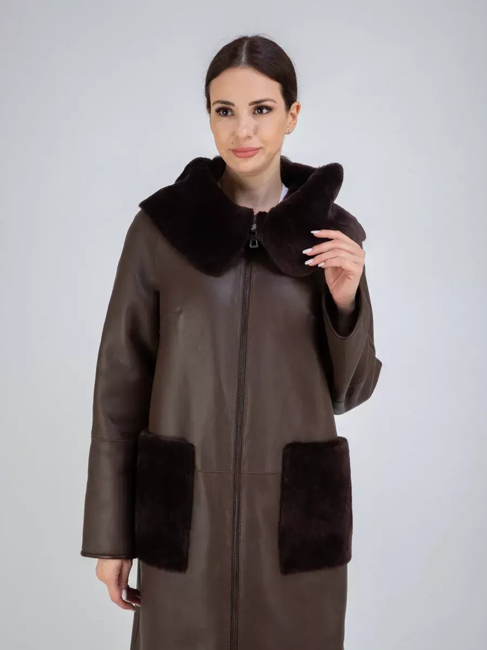 Дубленка натуральная с капюшоном длинная Турция