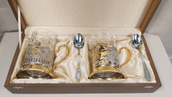 Набор подстаканников с позолотой Герб и Армия в фуляре