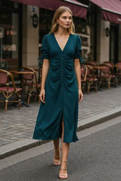 Изумрудно-зеленое трикотажное платье-миди с V-образным вырезом и пуговицами на пуговицах TWOSS25EL00538