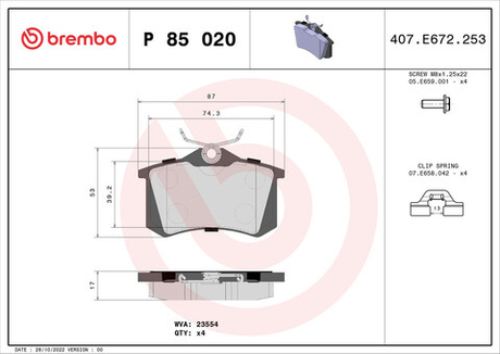 BREMBO - P85020-BRB - Brake Pad Set, disc brake
