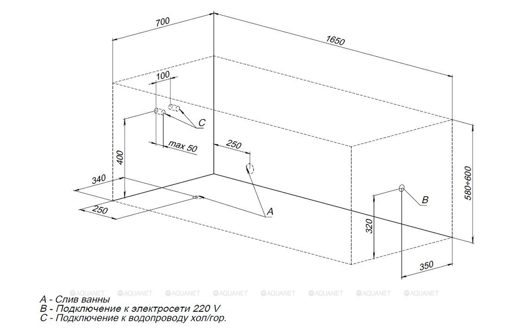Акриловая ванна Aquanet (Акванет) Aura 165x70 с каркасом