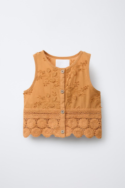 ZARA ТРИКОТАЖНЫЙ ТОП ИЗ КРУЖЕВА КРОШЕ С ВЫШИВКОЙ «ЛИСТЬЯ», ЧЕРЕПИЧНЫЙ