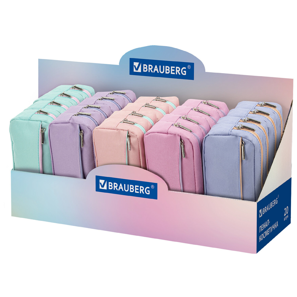 Пенал мягкий BRAUBERG 2 отделения ассорти 5 цветов "Pastel" 21х9 5х5 см дисплей (20 штук в упаковке)