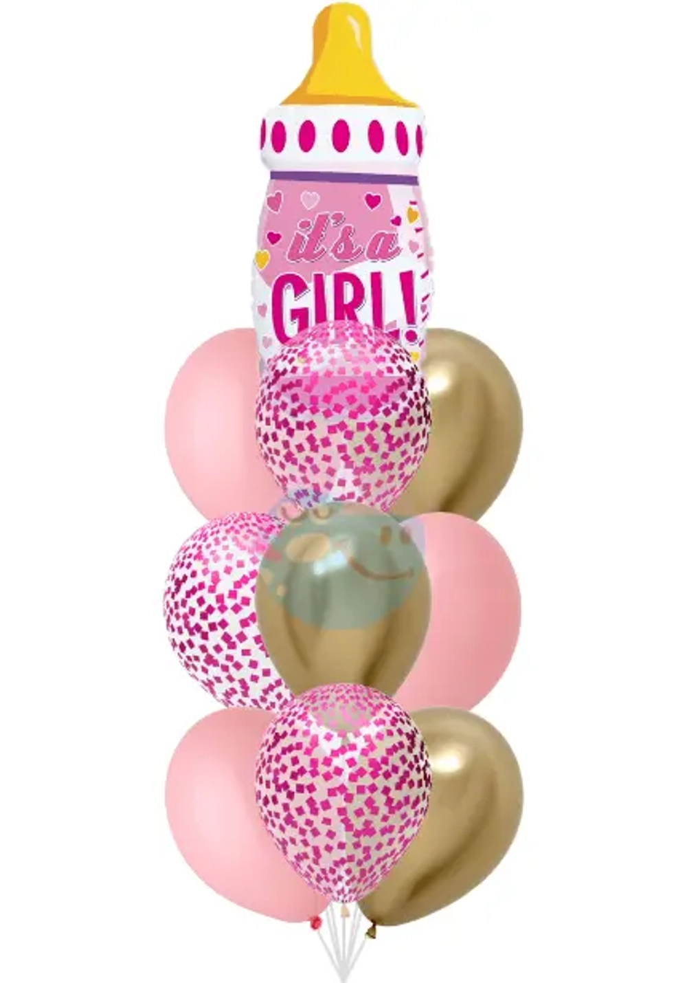 Фонтан на выписку для девочки с бутылочкой из 10 воздушных шаров с гелием