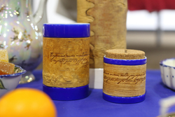 Кружка малая фарфоровая без ручки c берестой и с цитатами Лермонтова. Lermontov forever.