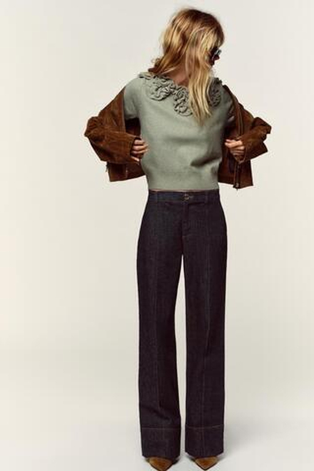 ZARA СВИТЕР С КОРОТКИМИ РУКАВАМИ И ЦВЕТОЧНЫМ УЗОРОМ, ЦВЕТ МХА