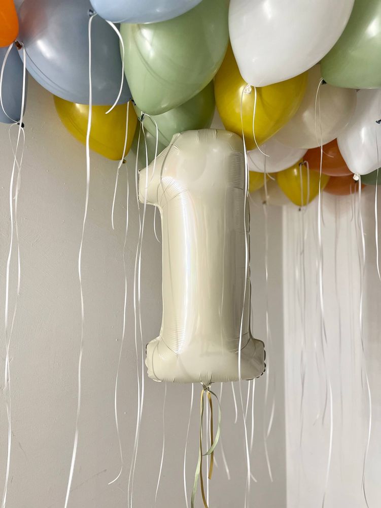 Воздушные шары на годик эвкалипт/оранжевый закат/горчичный/песок/пыльно голубой№4366