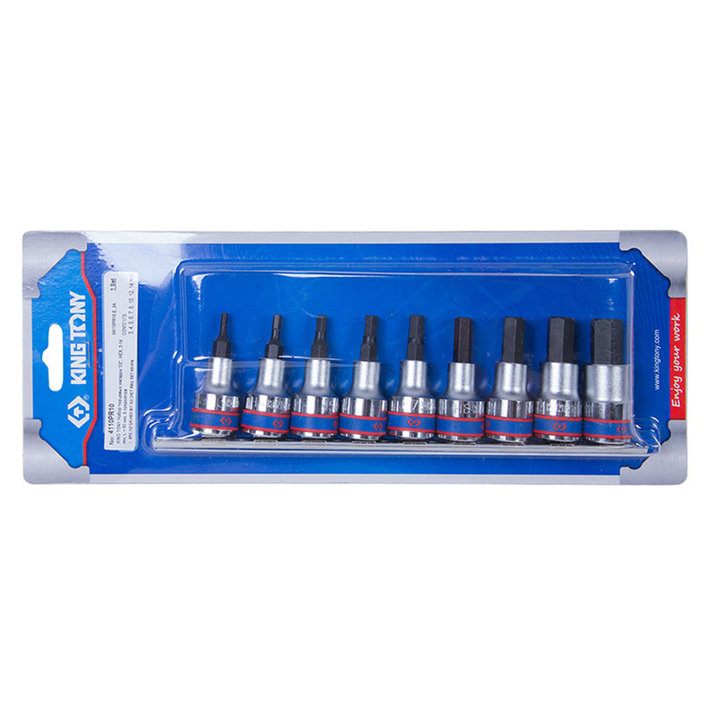 KING TONY (4110PR10) Набор торцевых насадок 1/2", HEX, 3-14 мм, 9 предметов