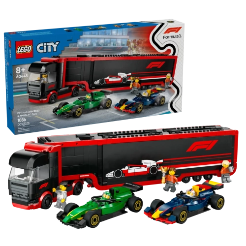 Конструктор LEGO City 60445 Грузовик с автомобилями RB20 и AMR 24 F1