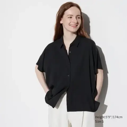 UNIQLO БЛУЗКА ИЗ ВИСКОЗЫ С КОРОТКИМИ РУКАВАМИ, ЧЕРНЫЙ