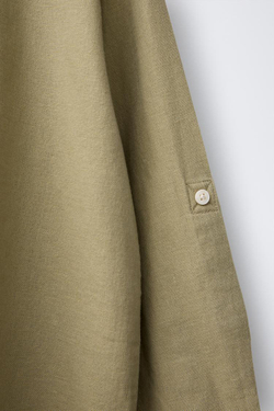 ZARA РУБАШКА ИЗ СМЕСОВОЙ ЛЬНЯНОЙ ТКАНИ С ВОРОТНИКОМ-СТОЙКОЙ, ХАКИ