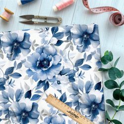 Ткань премиум сатин крупные голубые цветы