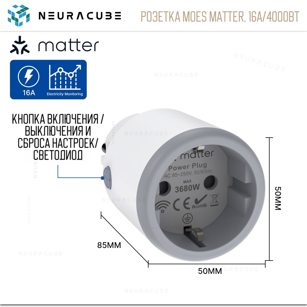 Умная Matter (WiFi) розетка MOES, 16А/3680Вт c мониторингом энергопотребления (Работает с Яндекс Алисой, Сбер Салют, Tuya)