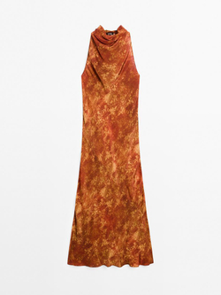 Massimo Dutti Длинное платье из струящейся ткани с принтом, оранжевый
