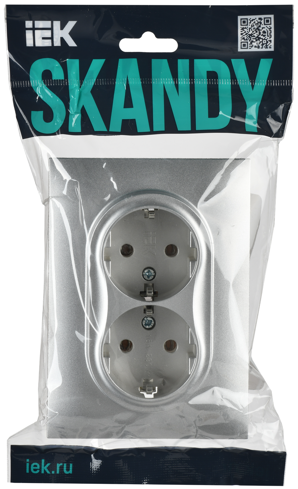 SKANDY Розетка 2-местная с заземлением без защитных шторок 16А в сборе SK-R08S серебряный IEK