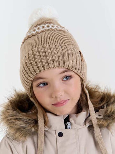 Шапка зимняя из смесовой шерсти с флисовым подкладом "Экрю" на завязках