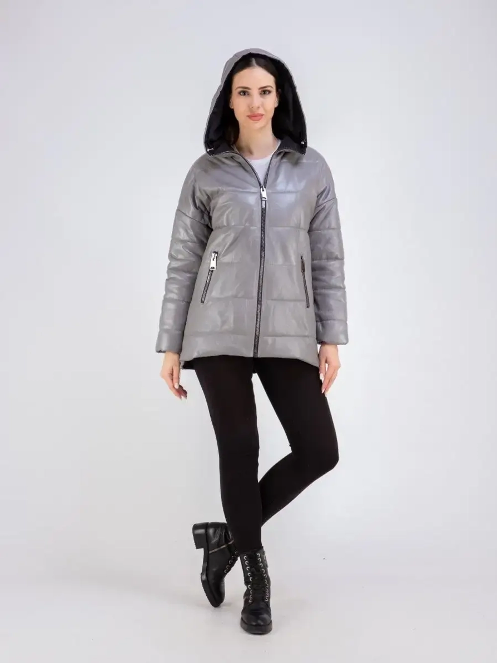 Куртка женская кожаная утепленная с капюшоном