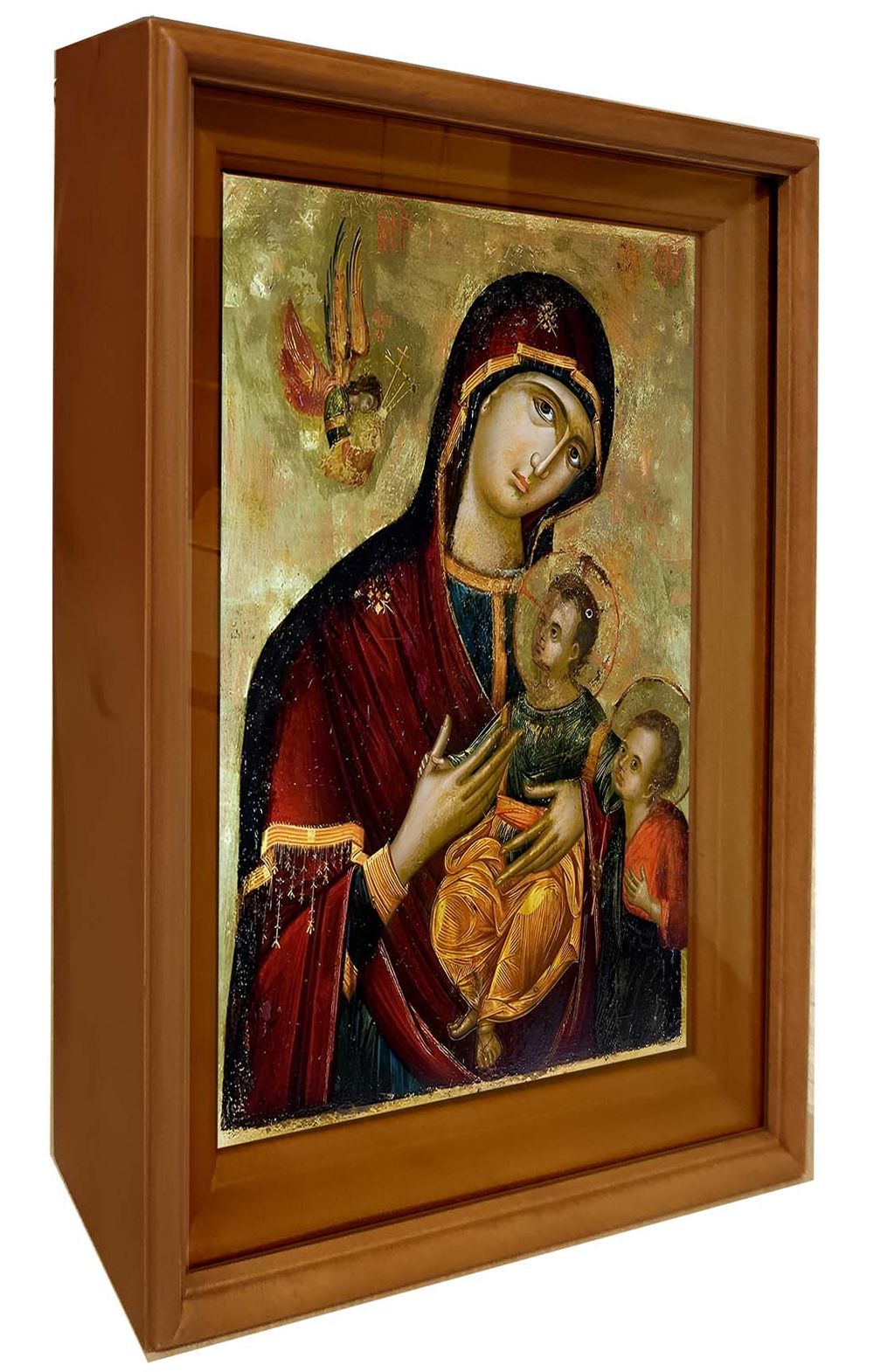 Богородица с младенцем Иисусом и Иоанном Предтечей. Икона на дереве в киоте.